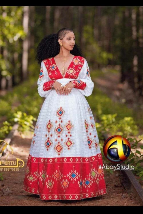 Zuria Habesha Kemis – White with Red Tibeb (Style 15) – Azmarino Fashion Boutique