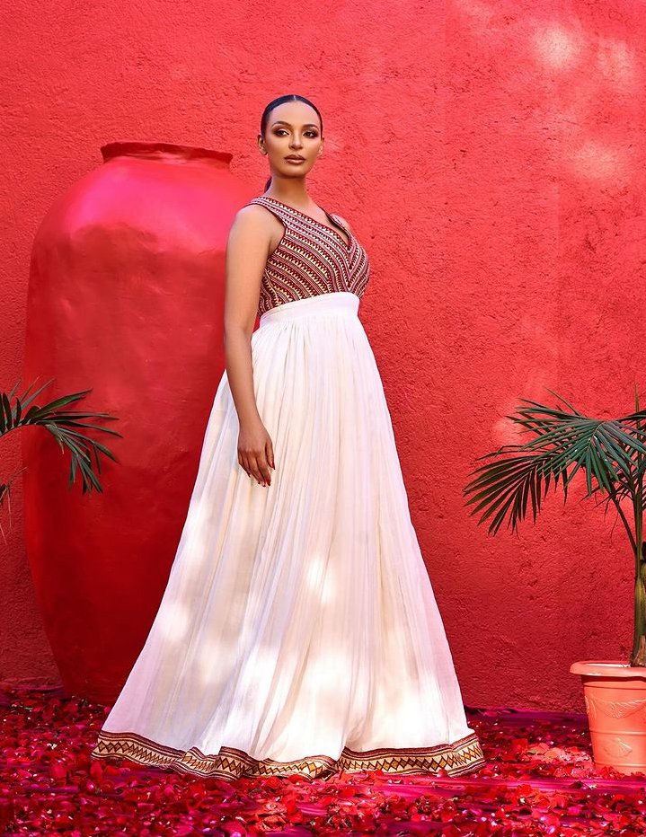 Zuria Habesha Kemis – White with Red Tibeb (Style 16) – Azmarino Fashion Boutique – view 2
