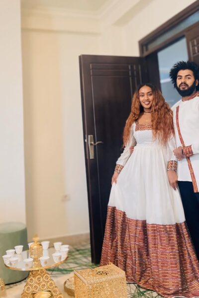 Zuria Habesha Kemis – White with Red Tibeb (Style 18)