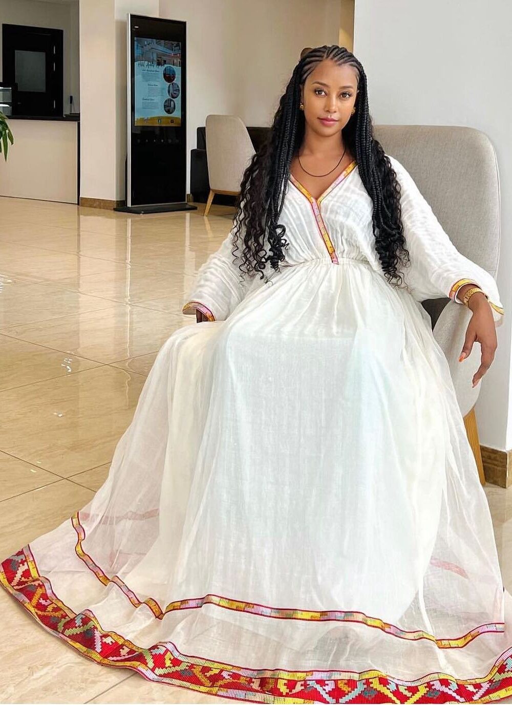 Zuria Habesha Kemis – White with Red Tibeb (Style 2) – Azmarino Fashion Boutique