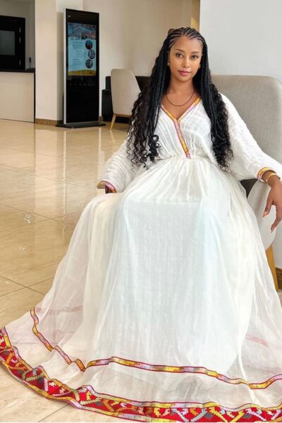 Zuria Habesha Kemis – White with Red Tibeb (Style 2)