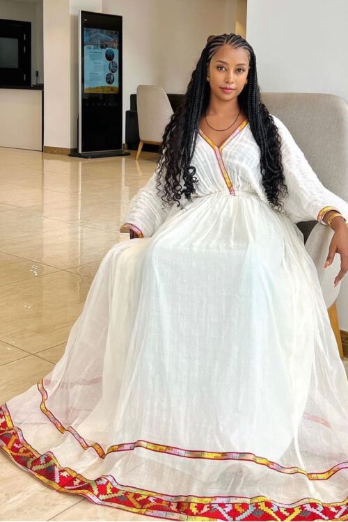 Zuria Habesha Kemis – White with Red Tibeb (Style 2) – Azmarino Fashion Boutique