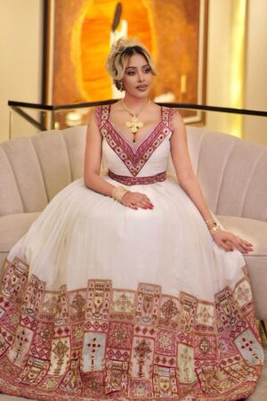 Zuria Habesha Kemis – White with Red Tibeb (Style 3) – Azmarino Fashion Boutique