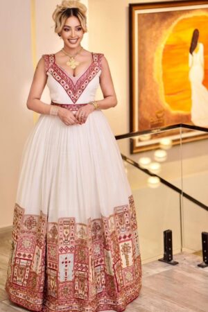 Zuria Habesha Kemis – White with Red Tibeb (Style 3) – Azmarino Fashion Boutique – view 3