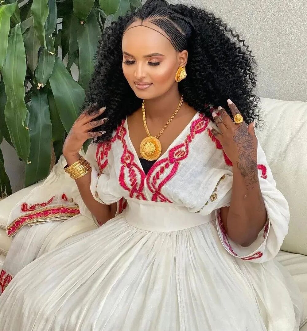 Zuria Habesha Kemis – White with Red Tibeb (Style 4) – Azmarino Fashion Boutique
