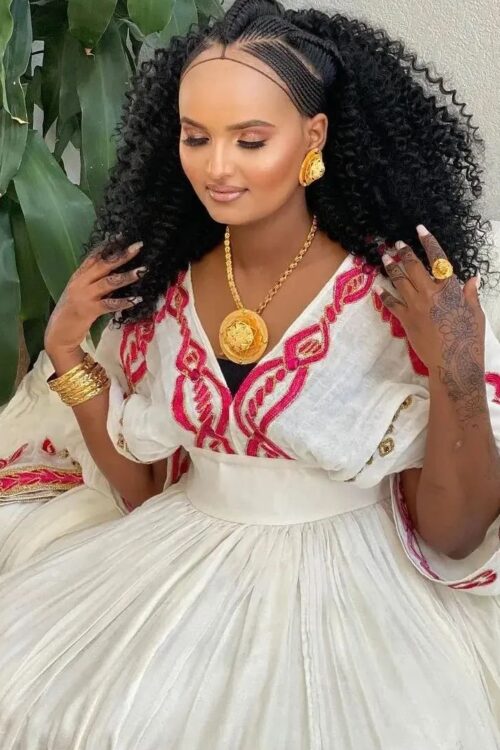 Zuria Habesha Kemis – White with Red Tibeb (Style 4) – Azmarino Fashion Boutique