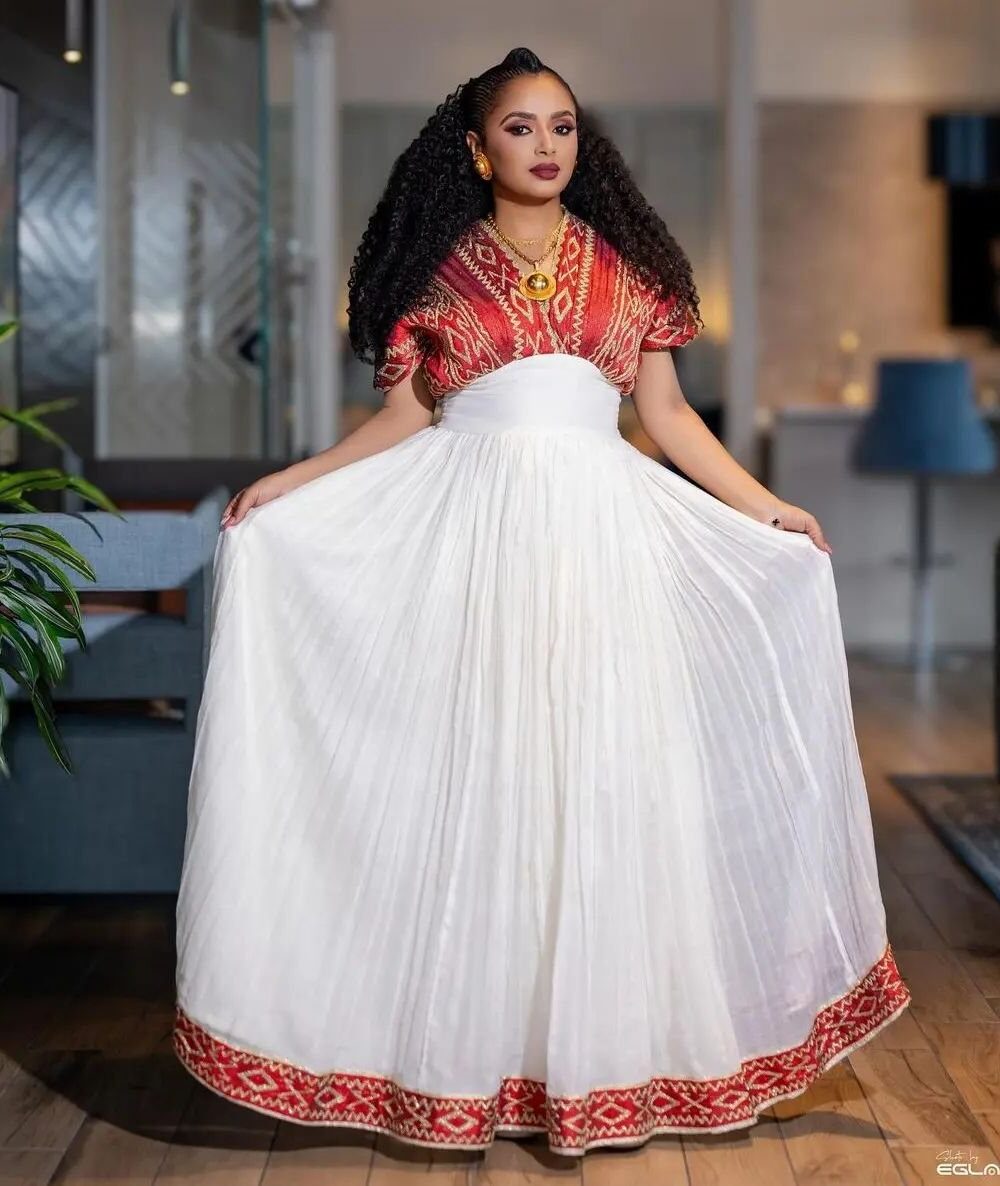 Zuria Habesha Kemis – White with Red Tibeb (Style 8) – Azmarino Fashion Boutique