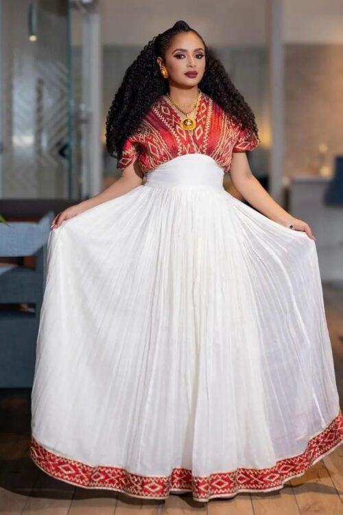 Zuria Habesha Kemis – White with Red Tibeb (Style 8) – Azmarino Fashion Boutique