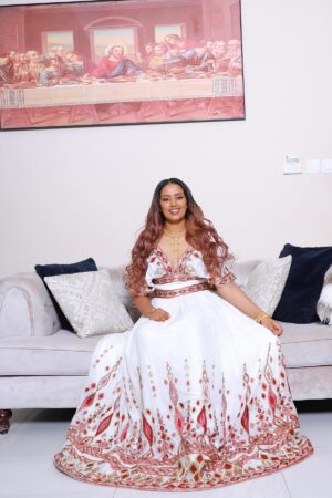 Zuria Habesha Kemis – White with Red Tibeb (Style 9) – Azmarino Fashion Boutique