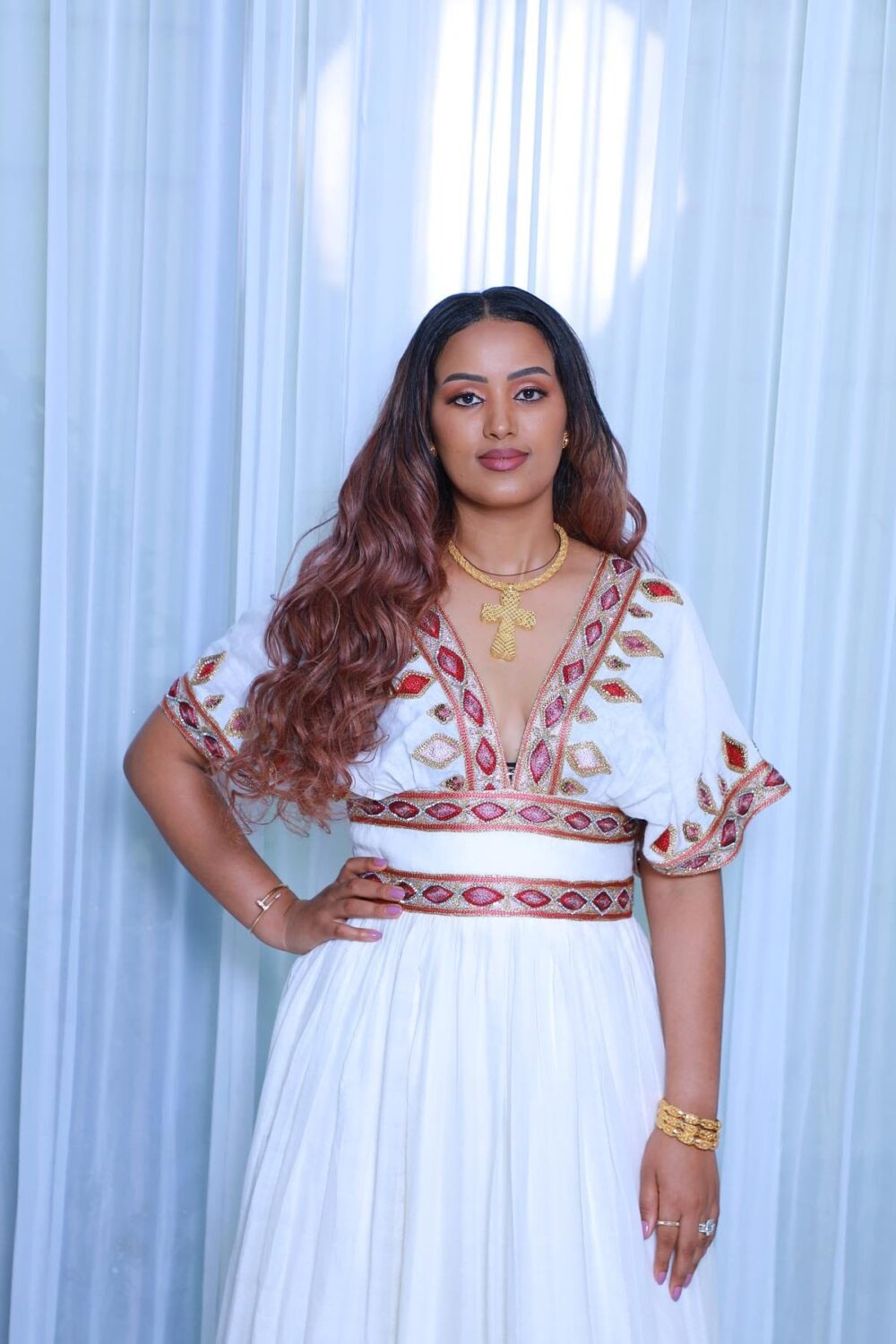 Zuria Habesha Kemis – White with Red Tibeb (Style 9) – Azmarino Fashion Boutique – view 2