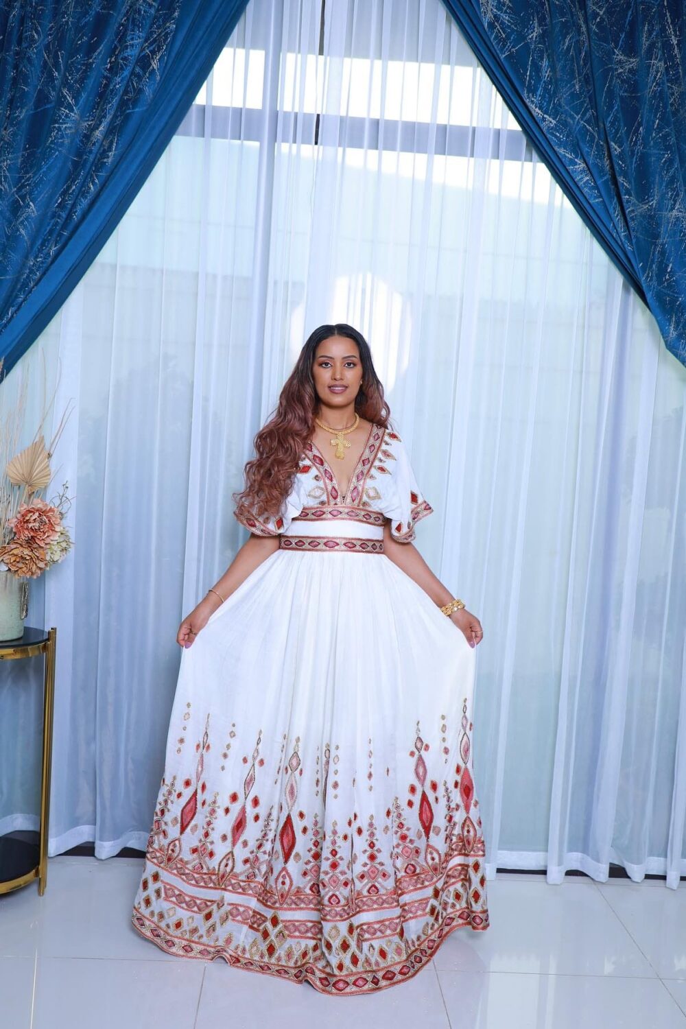 Zuria Habesha Kemis – White with Red Tibeb (Style 9) – Azmarino Fashion Boutique – view 3