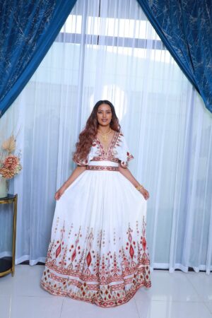 Zuria Habesha Kemis – White with Red Tibeb (Style 9) – Azmarino Fashion Boutique – view 3