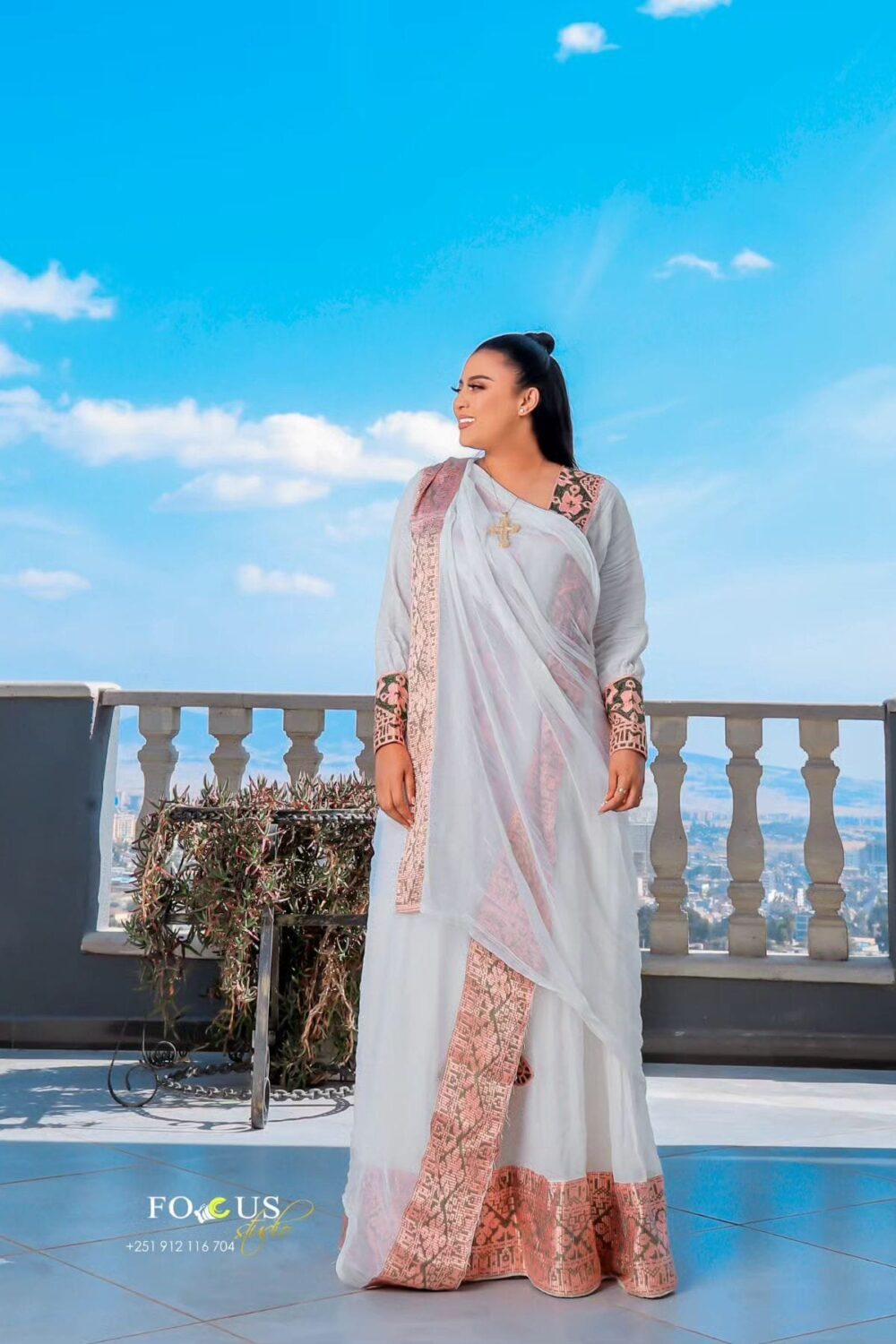 Zuria Habesha Kemis – White with Soft Pink Tibeb – Azmarino Fashion Boutique