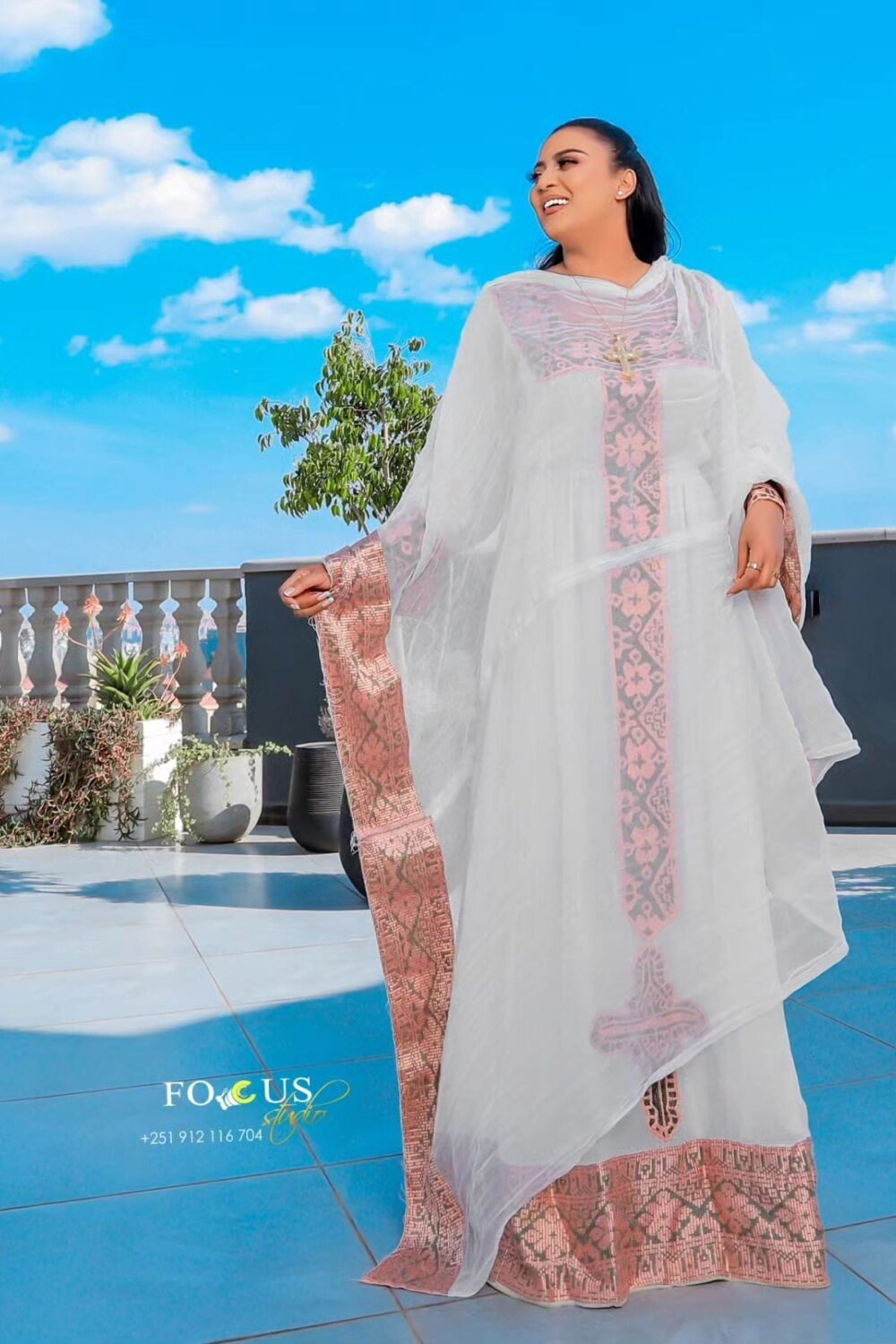 Zuria Habesha Kemis – White with Soft Pink Tibeb – Azmarino Fashion Boutique – view 2