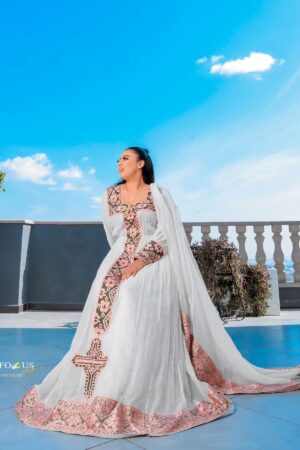 Zuria Habesha Kemis – White with Soft Pink Tibeb – Azmarino Fashion Boutique – view 3