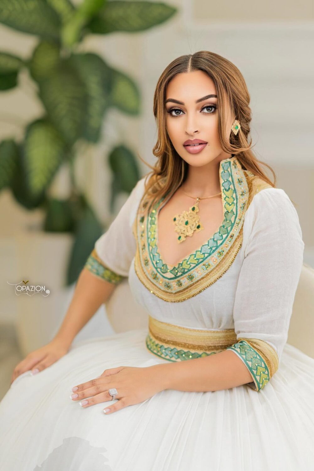 Zuria Habesha Kemis – White with Turquoise & Gold Neckline – Azmarino Fashion Boutique