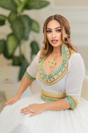 Zuria Habesha Kemis – White with Turquoise & Gold Neckline – Azmarino Fashion Boutique
