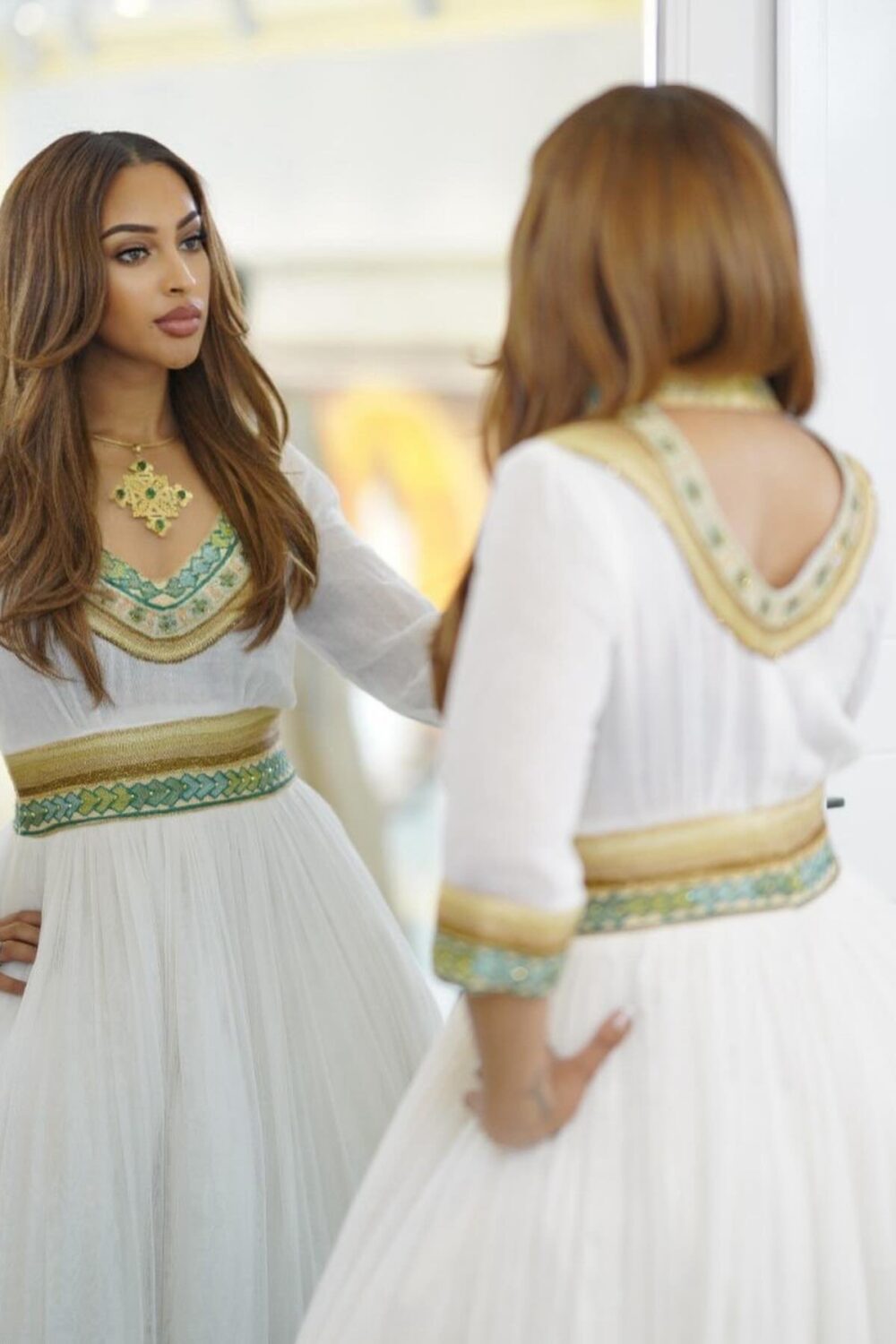 Zuria Habesha Kemis – White with Turquoise & Gold Neckline – Azmarino Fashion Boutique – view 2