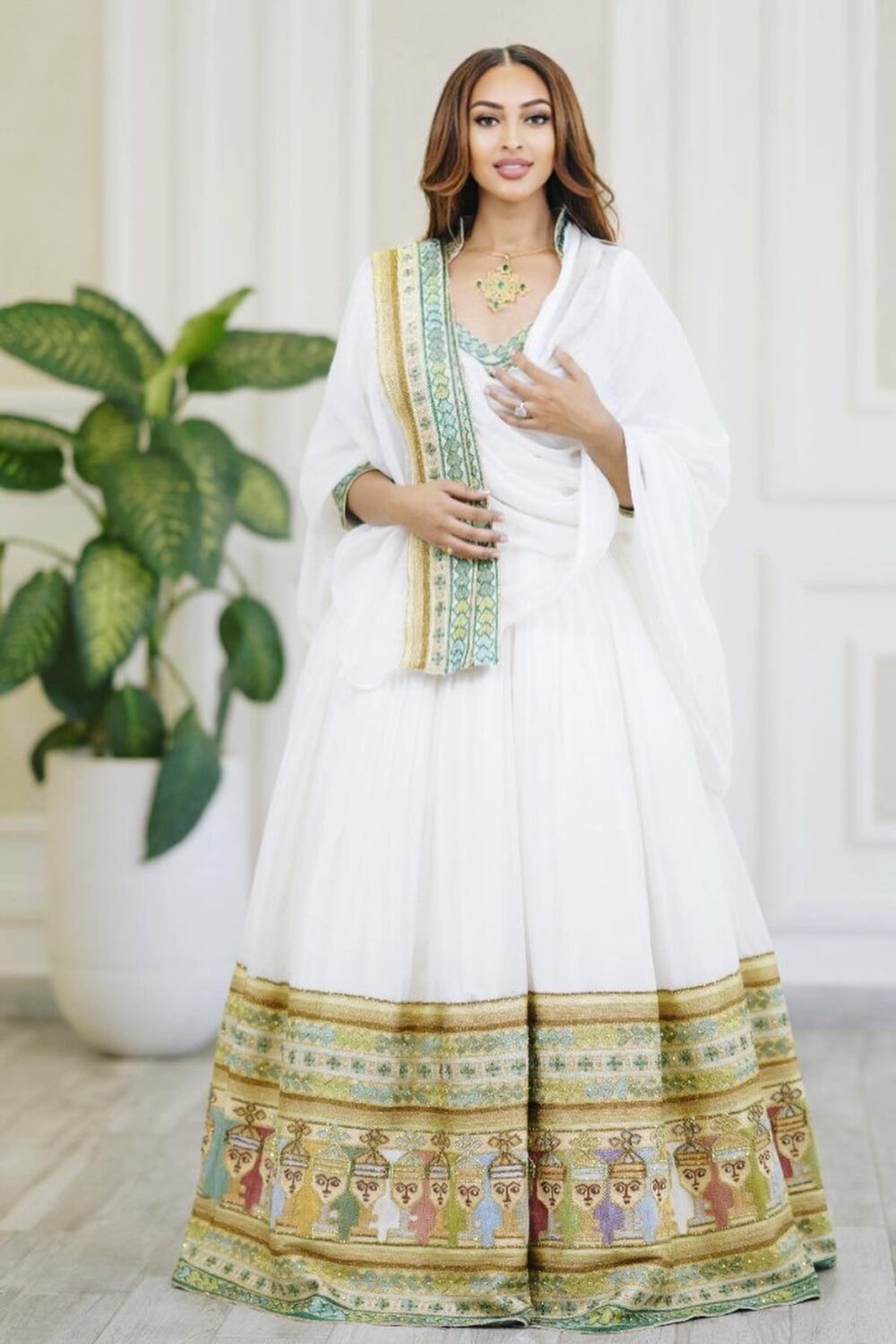 Zuria Habesha Kemis – White with Turquoise & Gold Neckline – Azmarino Fashion Boutique – view 4
