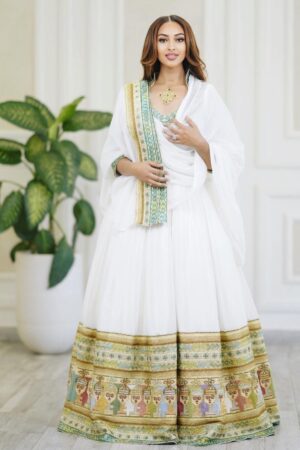 Zuria Habesha Kemis – White with Turquoise & Gold Neckline – Azmarino Fashion Boutique – view 4