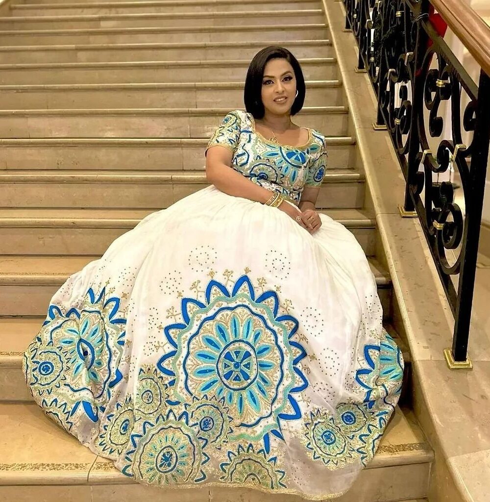 Zuria Habesha Kemis – White with Turquoise Medallion Tibeb – Azmarino Fashion Boutique