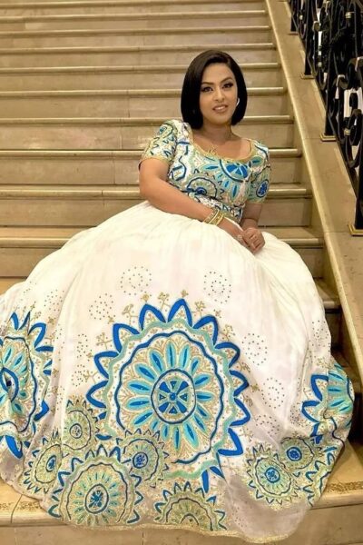 Zuria Habesha Kemis – White with Turquoise Medallion Tibeb