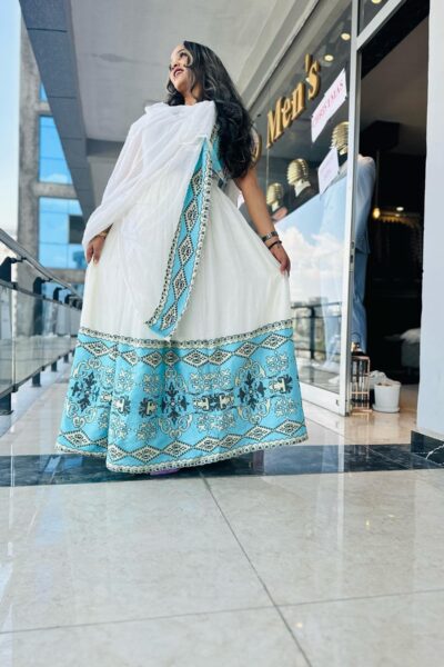 Zuria Habesha Kemis – White with Turquoise Tibeb (Style 1)