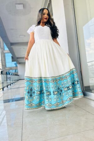 Zuria Habesha Kemis – White with Turquoise Tibeb (Style 1) – Azmarino Fashion Boutique – view 2