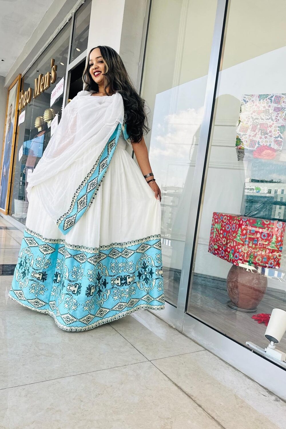 Zuria Habesha Kemis – White with Turquoise Tibeb (Style 1) – Azmarino Fashion Boutique – view 3