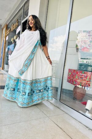Zuria Habesha Kemis – White with Turquoise Tibeb (Style 1) – Azmarino Fashion Boutique – view 3