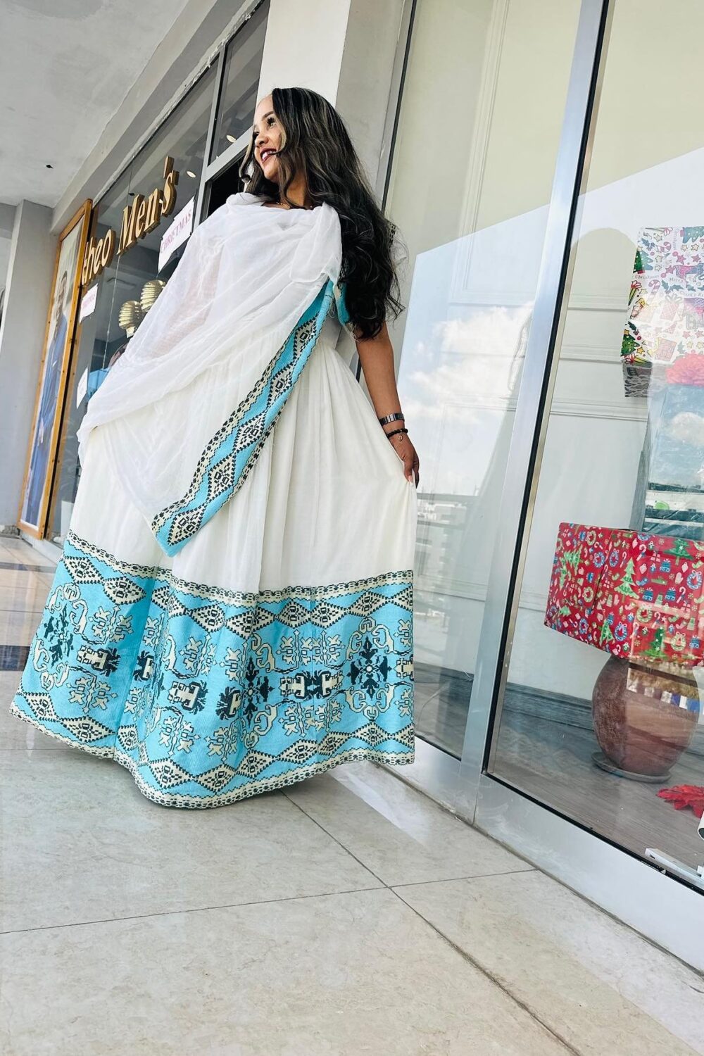 Zuria Habesha Kemis – White with Turquoise Tibeb (Style 1) – Azmarino Fashion Boutique – view 4