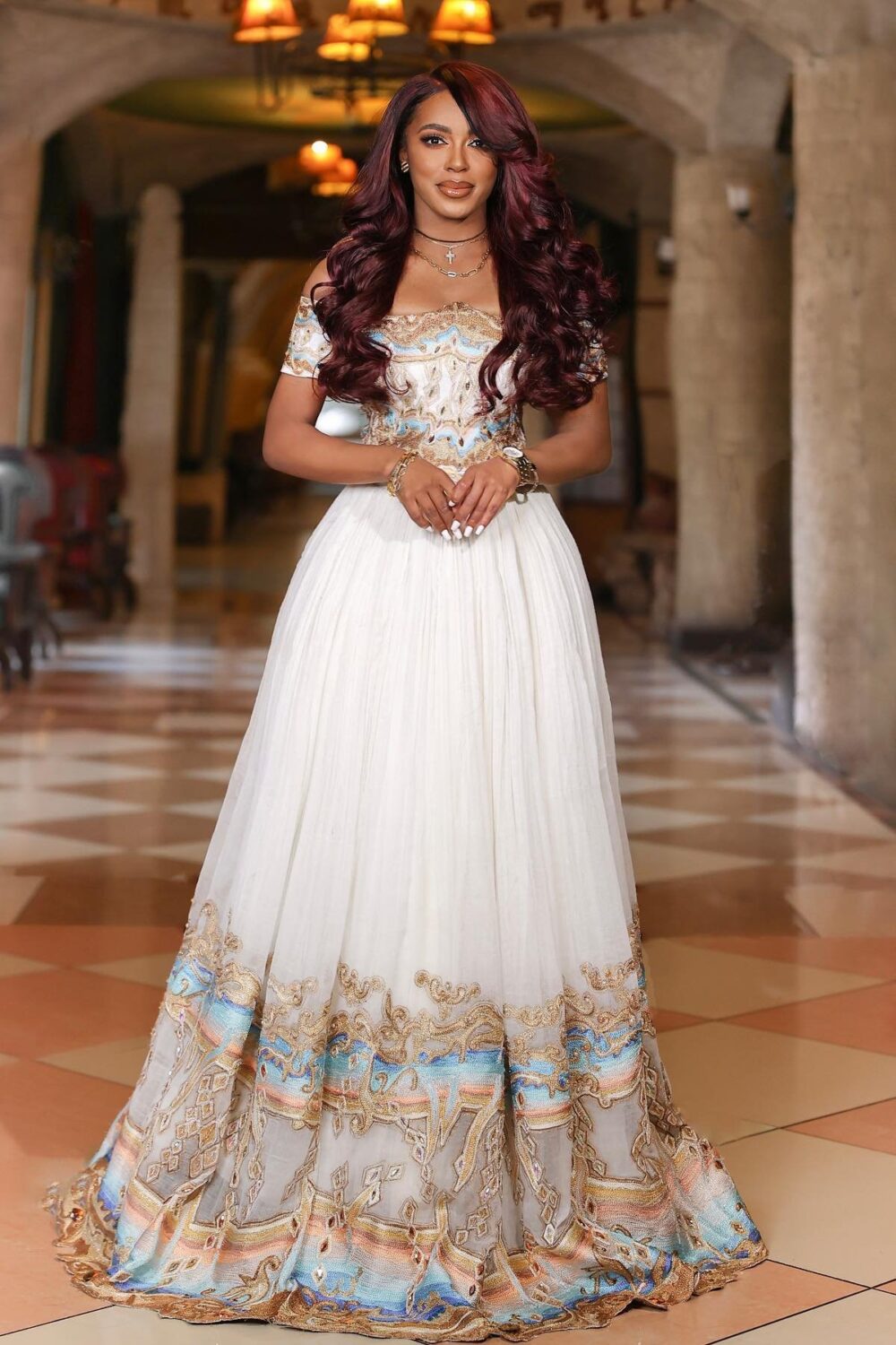 Zuria Habesha Kemis – White with Turquoise Tibeb (Style 2) – Azmarino Fashion Boutique