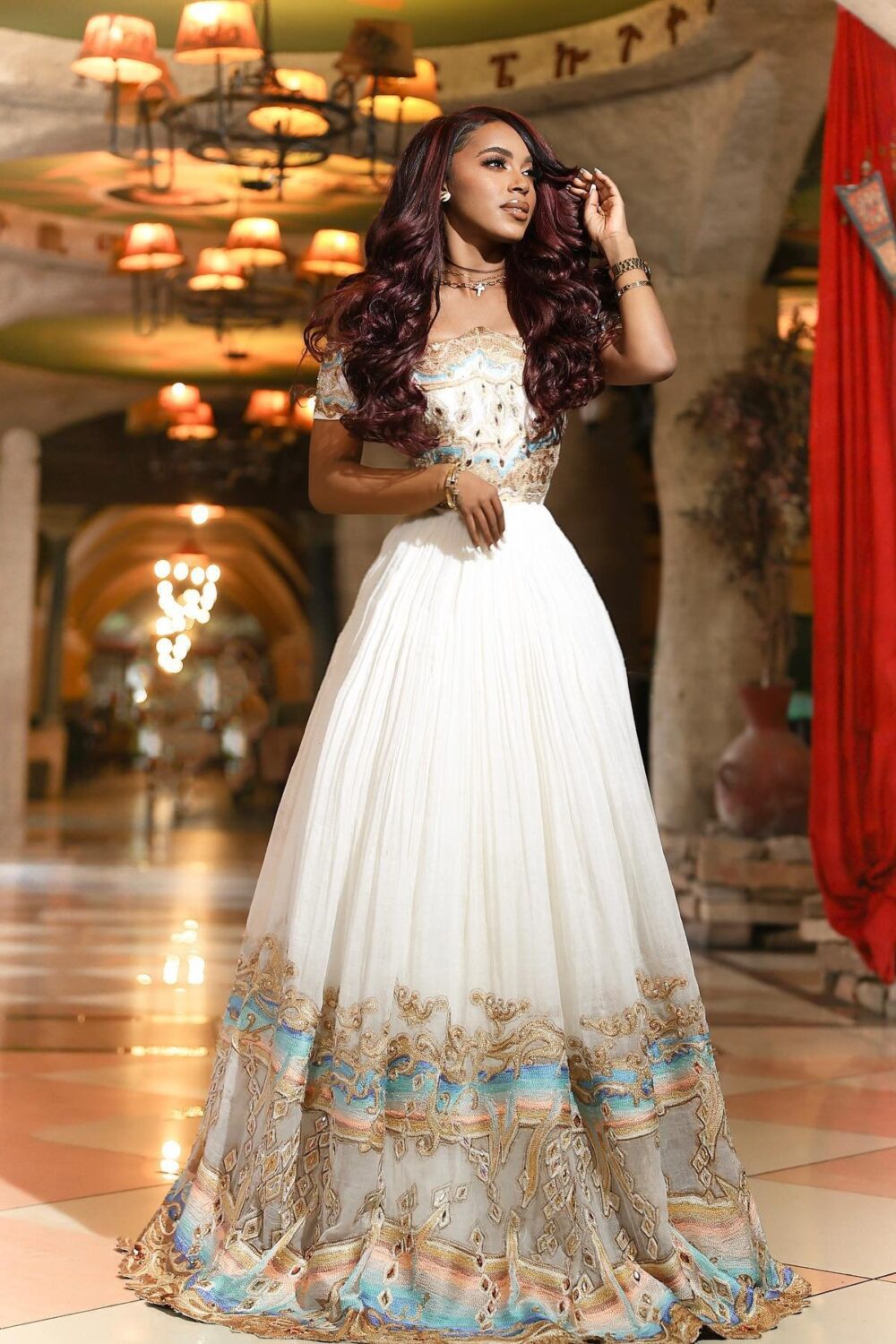 Zuria Habesha Kemis – White with Turquoise Tibeb (Style 2) – Azmarino Fashion Boutique – view 2