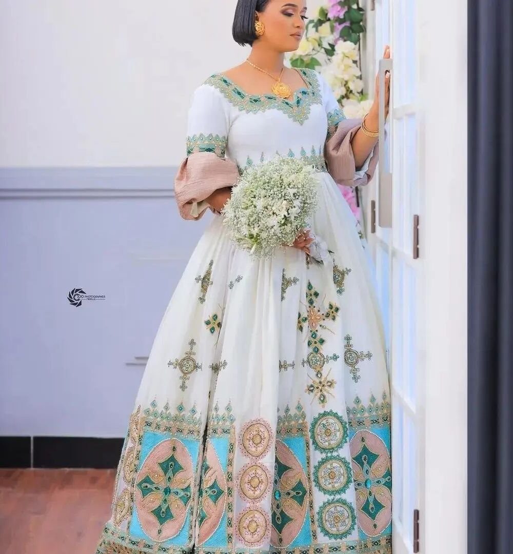 Zuria Habesha Kemis – White with Turquoise Tibeb (Style 3) – Azmarino Fashion Boutique