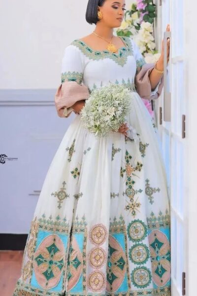 Zuria Habesha Kemis – White with Turquoise Tibeb (Style 3)