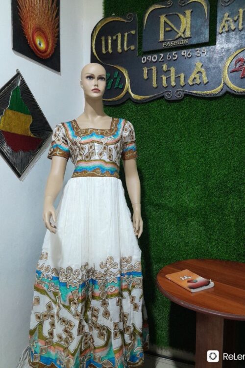 Zuria Habesha Kemis – White with Turquoise Tibeb (Style 4) – Azmarino Fashion Boutique
