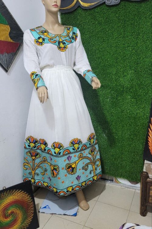 Zuria Habesha Kemis – White with Turquoise Tibeb (Style 5) – Azmarino Fashion Boutique