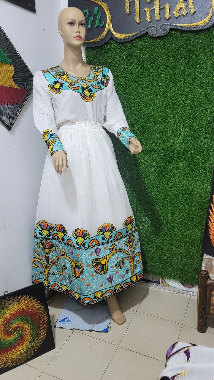 Zuria Habesha Kemis – White with Turquoise Tibeb (Style 5) – Azmarino Fashion Boutique