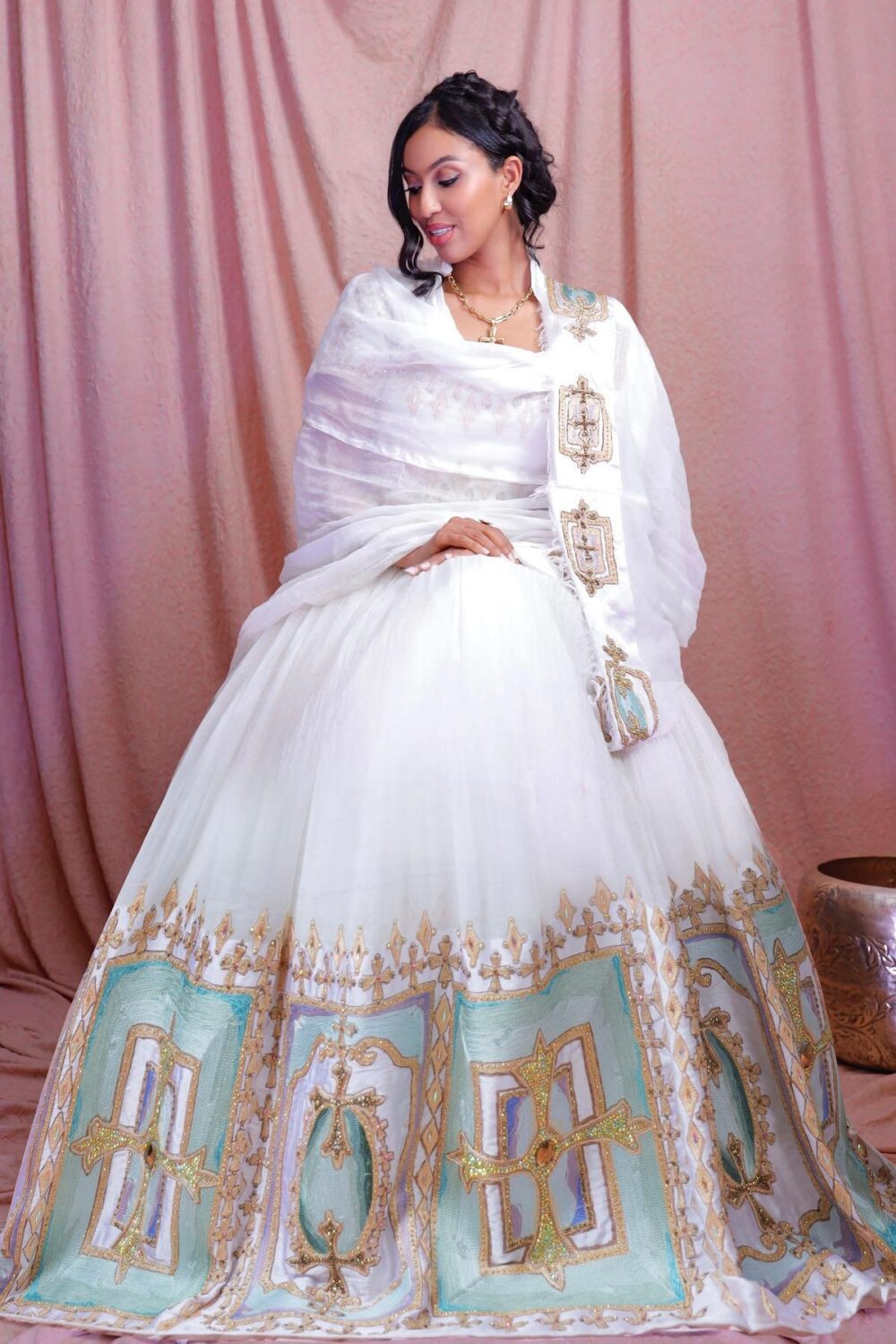Zuria Habesha Kemis – White with Turquoise Tibeb (Style 6) – Azmarino Fashion Boutique
