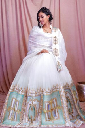 Zuria Habesha Kemis – White with Turquoise Tibeb (Style 6) – Azmarino Fashion Boutique