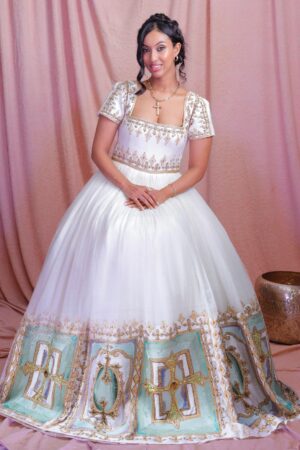 Zuria Habesha Kemis – White with Turquoise Tibeb (Style 6) – Azmarino Fashion Boutique – view 2