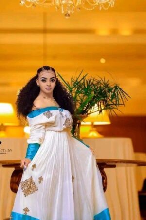 Zuria Habesha Kemis – White with Turquoise Tibeb (Style 7) – Azmarino Fashion Boutique