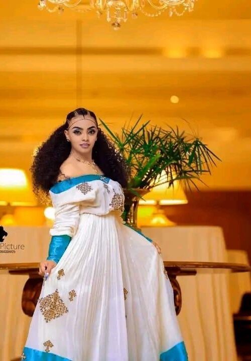 Zuria Habesha Kemis – White with Turquoise Tibeb (Style 7) – Azmarino Fashion Boutique