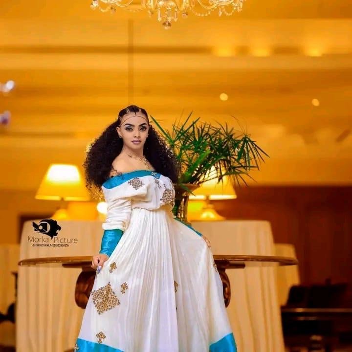 Zuria Habesha Kemis – White with Turquoise Tibeb (Style 7) – Azmarino Fashion Boutique