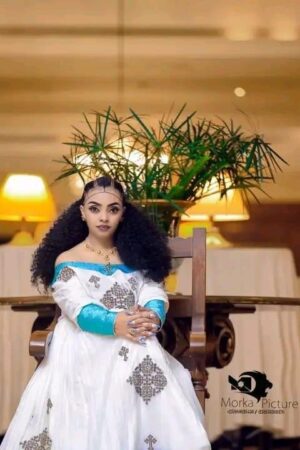 Zuria Habesha Kemis – White with Turquoise Tibeb (Style 7) – Azmarino Fashion Boutique – view 2