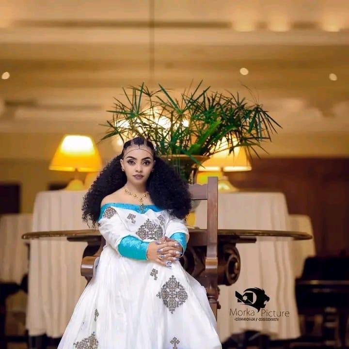 Zuria Habesha Kemis – White with Turquoise Tibeb (Style 7) – Azmarino Fashion Boutique – view 2