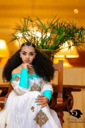 Zuria Habesha Kemis – White with Turquoise Tibeb (Style 8) – Azmarino Fashion Boutique