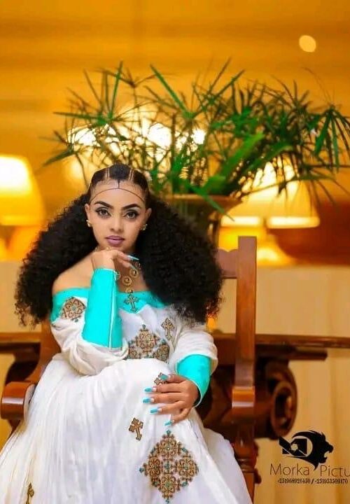 Zuria Habesha Kemis – White with Turquoise Tibeb (Style 8) – Azmarino Fashion Boutique