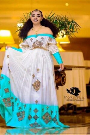 Zuria Habesha Kemis – White with Turquoise Tibeb (Style 8) – Azmarino Fashion Boutique – view 2