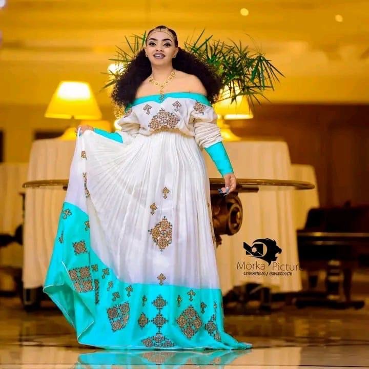 Zuria Habesha Kemis – White with Turquoise Tibeb (Style 8) – Azmarino Fashion Boutique – view 2